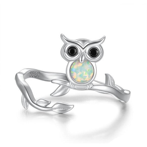925 Sterling Silver Animal Ring - Adjustable Open Owl Axolotl Rings with Heart C